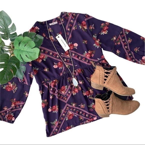 Francesca’s Miami Laura-Lee Purple Plum Shabby Chic Floral Babydoll Blouse XS - Picture 2 of 16